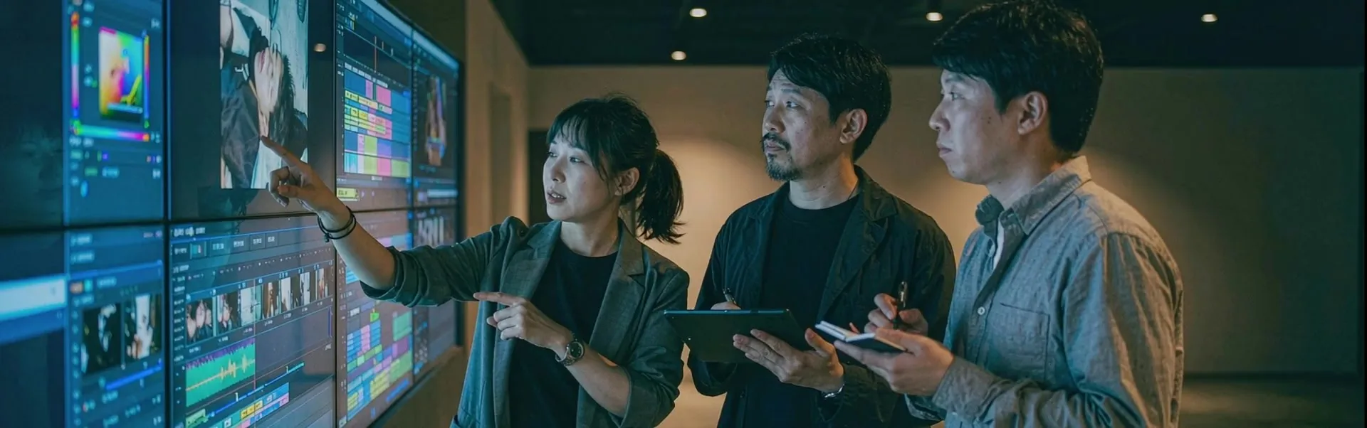 AI 营销场景：营销人员在多屏前用 AIGC 工具批量生产内容并盯实时数据，暖光色调