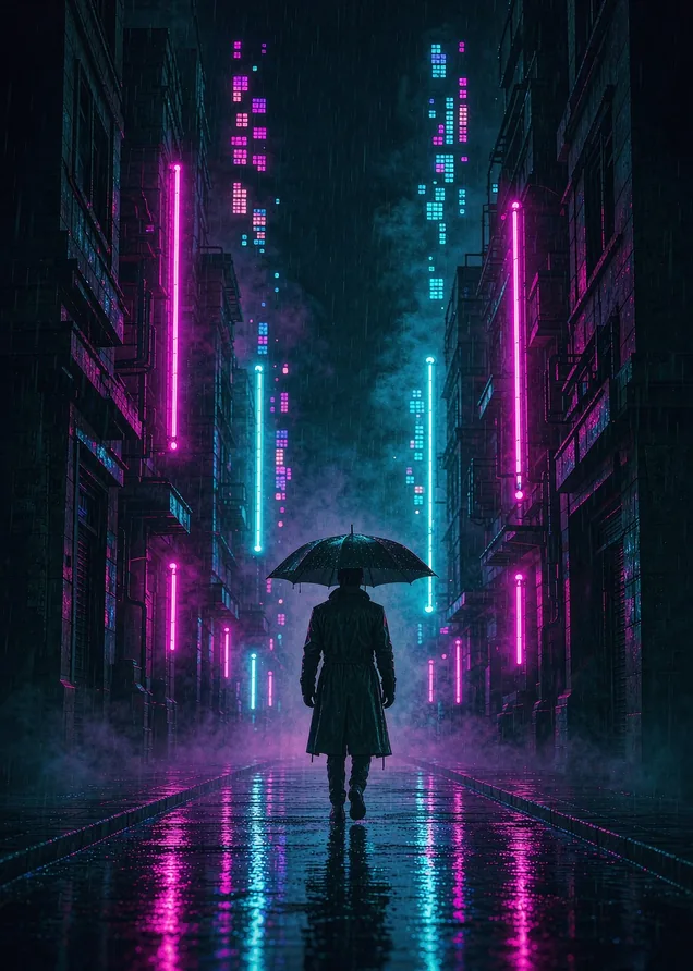 霓虹雨夜的窄巷里，撑伞男子背向镜头走向巷深处的粉青色灯牌